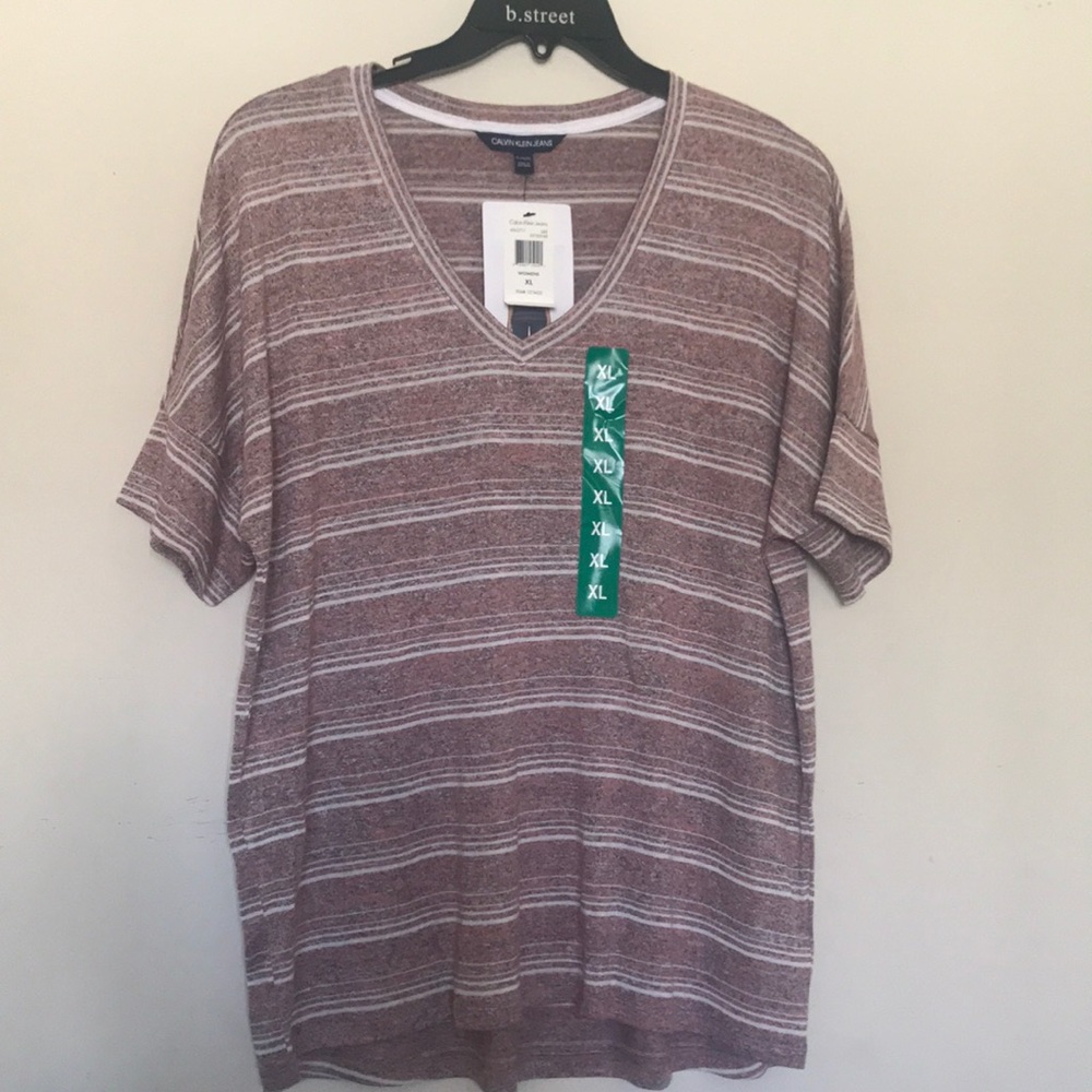 CK Women's V-Neck Stripe Short Sleeve T-Shirt